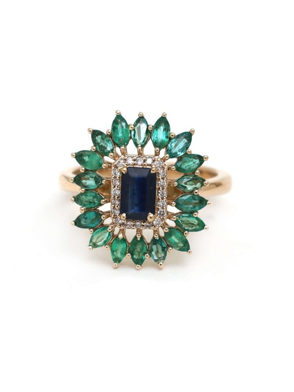 Blue Sapphire Emerald 14K (18K Custom) Halo Cocktail Ring
